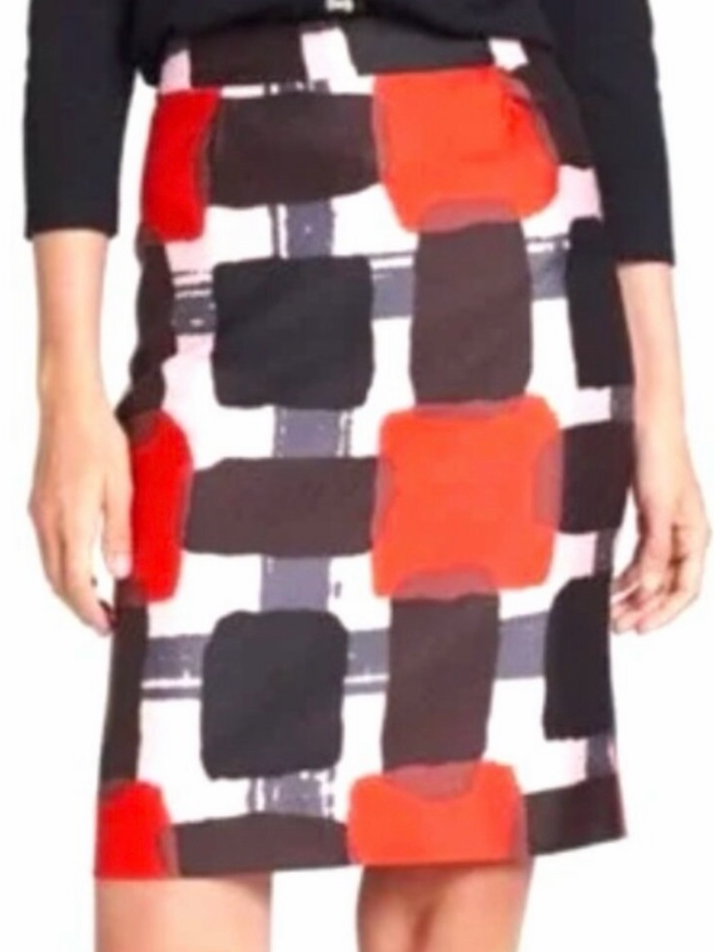 kate spade Red, Black & White Block-Print Silk Blend Pencil Skirt